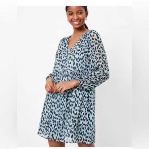 LOFT Blue Leopard Dress with Long sleeves NEW Size Small - Picture 1 of 11